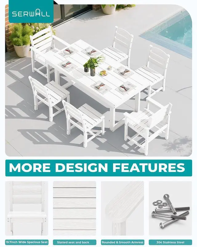 Alt view image 4 of 7 - HDPE Outdoor Dining Set for 6, 67'' All Weather Patio Dining Table and Armless Chairs Set for Deck, Lawn, White