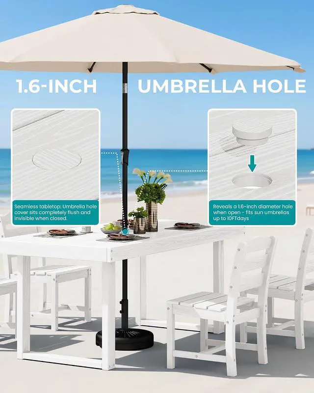 Alt view image 5 of 7 - HDPE Outdoor Dining Set for 4, 67'' All Weather Patio Dining Table and Armless Chairs Set for Deck, Lawn, White