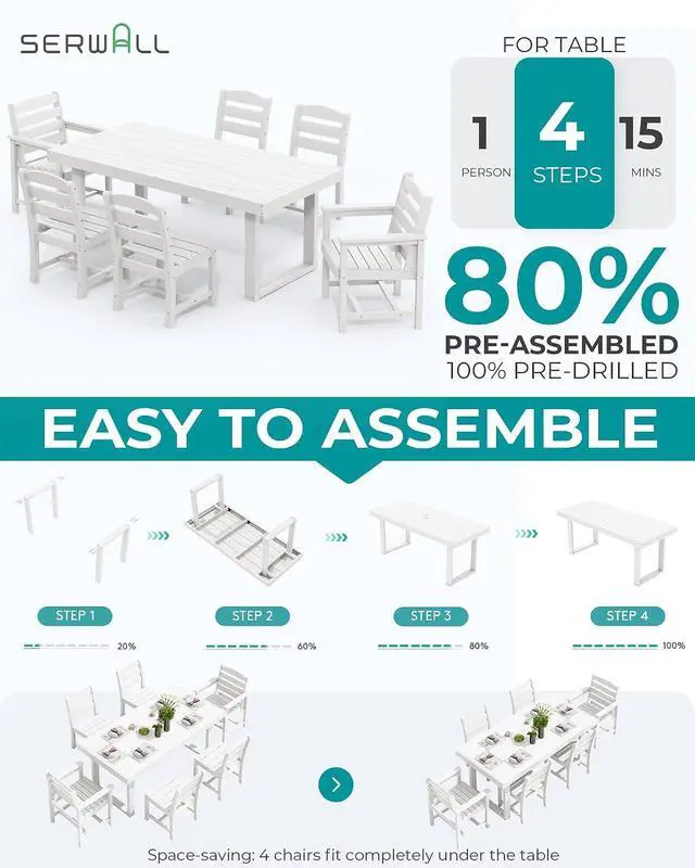 Alt view image 7 of 7 - HDPE Outdoor Dining Set for 6, 67'' All Weather Patio Dining Table and Armless Chairs Set for Deck, Lawn, White