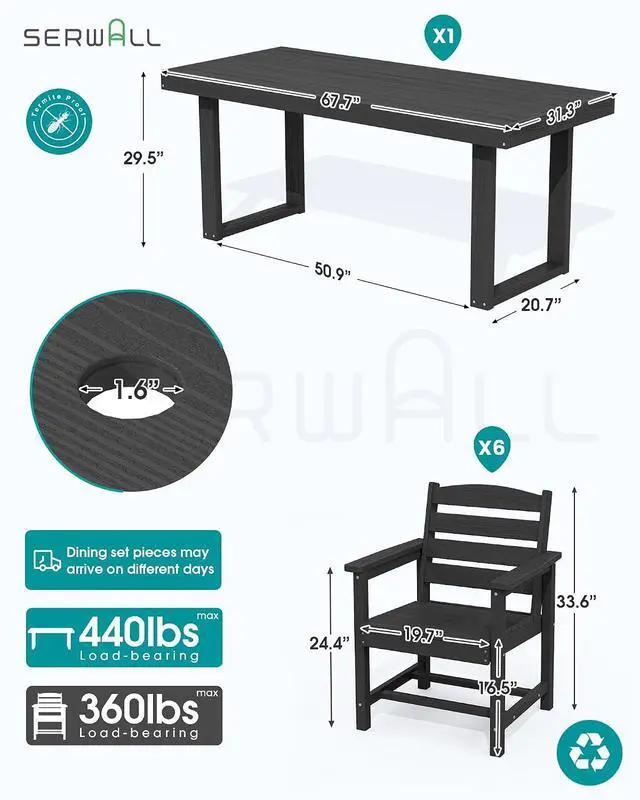 Alt view image 2 of 7 - HDPE Outdoor Dining Set for 6, 67'' All Weather Patio Dining Table and Chairs Set for Deck, Lawn, Black