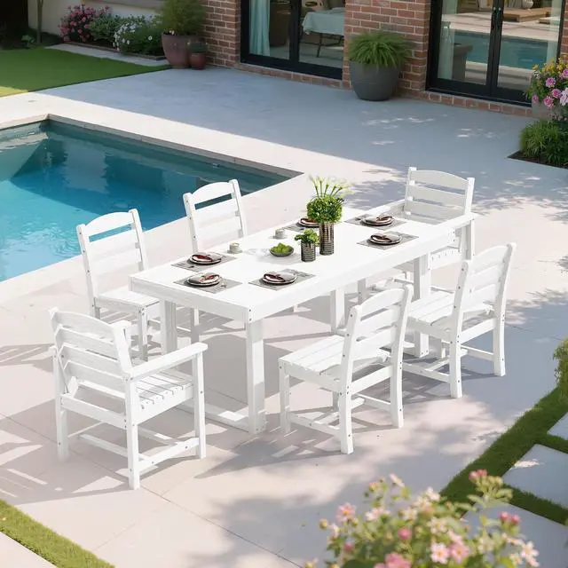 Alt view image 6 of 7 - HDPE Outdoor Dining Set for 6, 67'' All Weather Patio Dining Table and Armless Chairs Set for Deck, Lawn, White