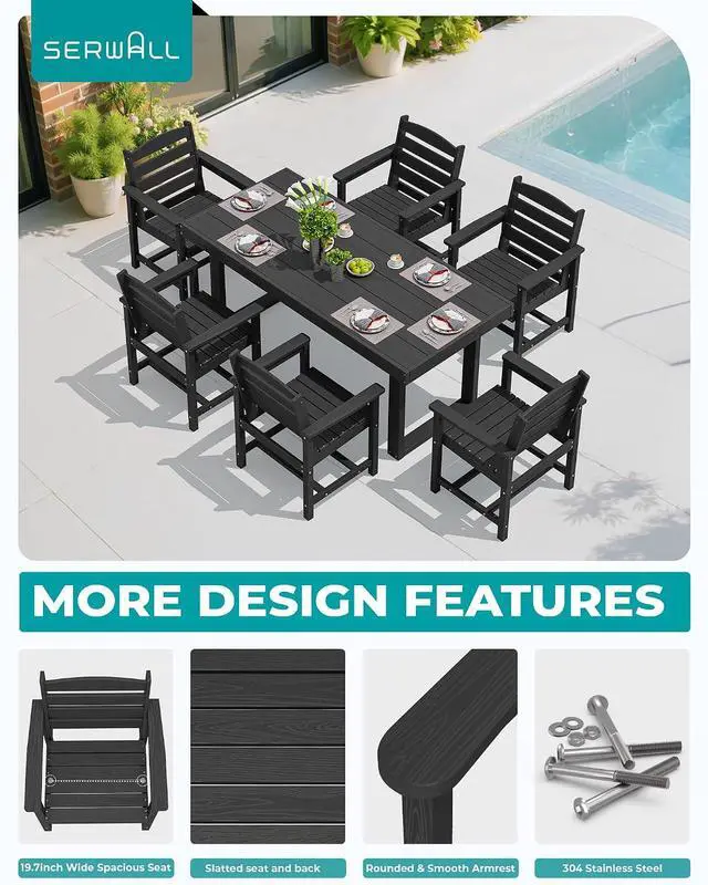 Alt view image 4 of 7 - HDPE Outdoor Dining Set for 6, 67'' All Weather Patio Dining Table and Chairs Set for Deck, Lawn, Black
