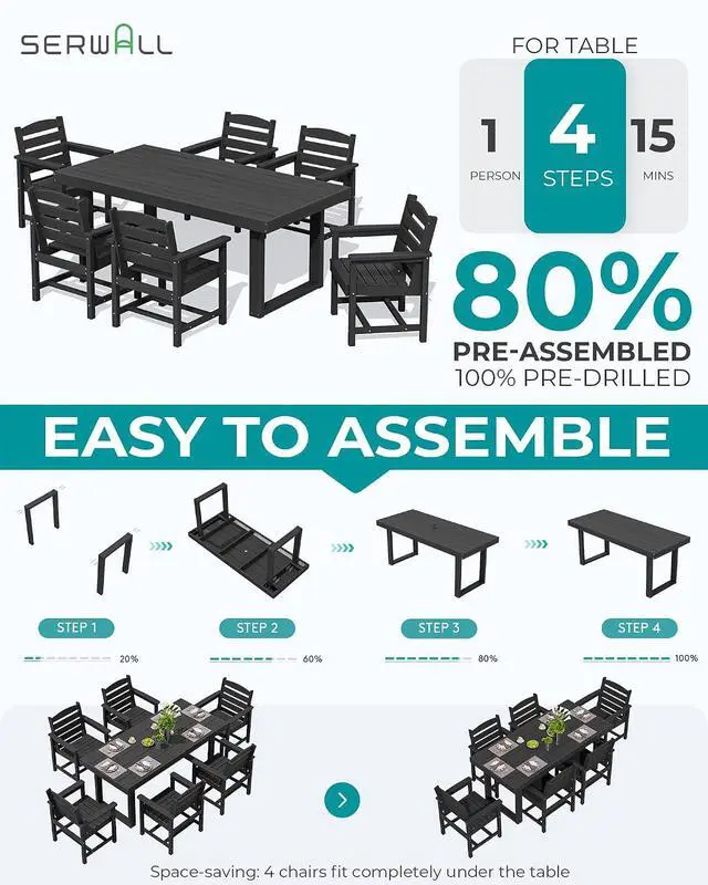 Alt view image 6 of 7 - HDPE Outdoor Dining Set for 6, 67'' All Weather Patio Dining Table and Chairs Set for Deck, Lawn, Black