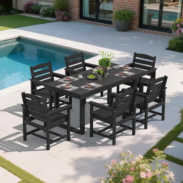 Alt view image 7 of 7 - HDPE Outdoor Dining Set for 6, 67'' All Weather Patio Dining Table and Chairs Set for Deck, Lawn, Black