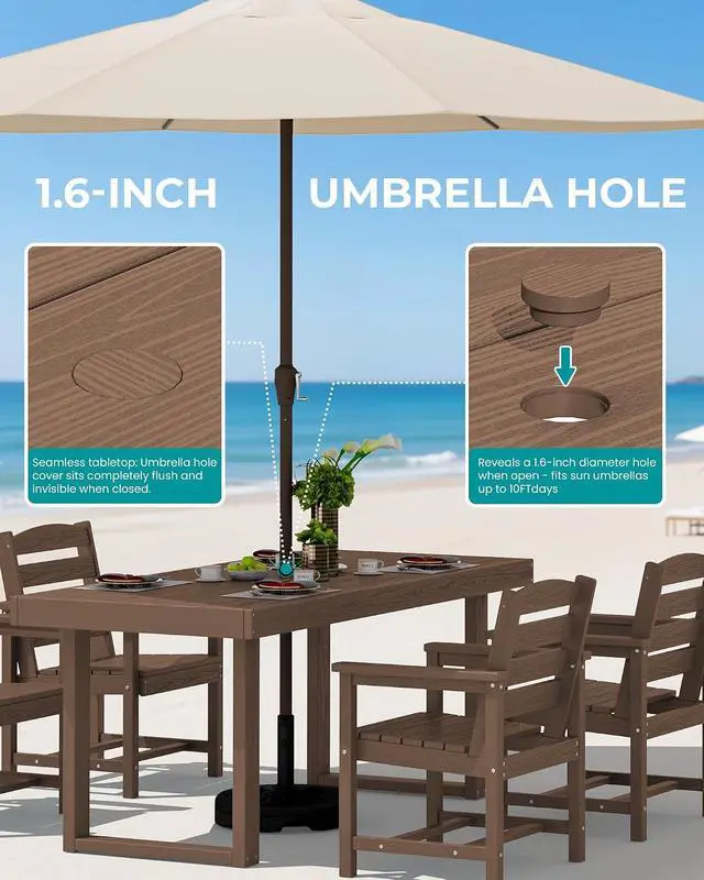 Alt view image 5 of 7 - HDPE Outdoor Dining Set for 6, 67'' All Weather Patio Dining Table and Chairs Set for Deck, Lawn, Brown
