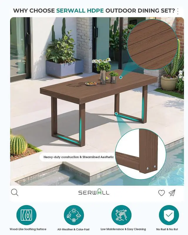 Alt view image 4 of 7 - HDPE Outdoor Dining Set for 6, 67'' All Weather Patio Dining Table and Chairs Set for Deck, Lawn, Brown