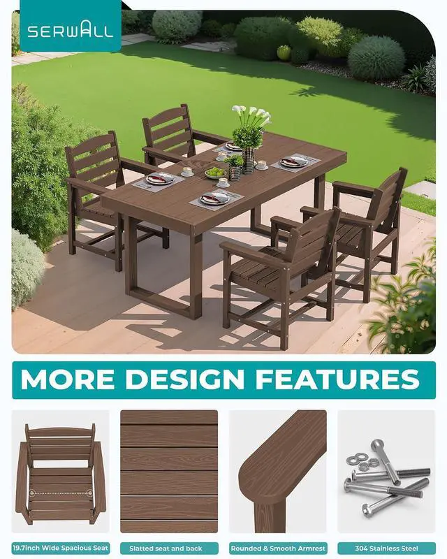 Alt view image 3 of 6 - HDPE Outdoor Dining Set for 4, 67'' All Weather Patio Dining Table and Chairs Set for Deck, Lawn, Brown
