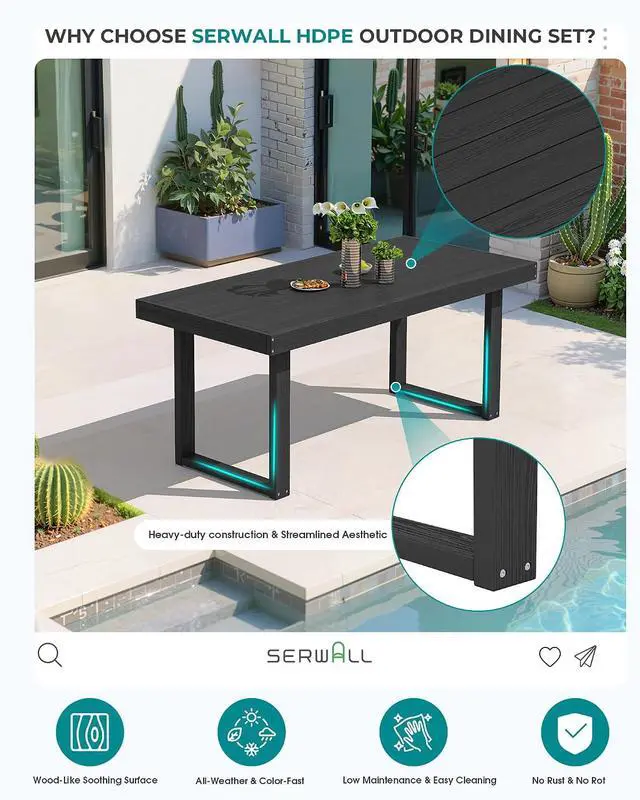 Alt view image 3 of 7 - HDPE Outdoor Dining Set for 4, 67'' All Weather Patio Dining Table and Chairs Set for Deck, Lawn, Black