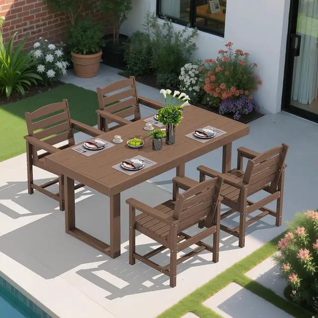 Alt view image 6 of 6 - HDPE Outdoor Dining Set for 4, 67'' All Weather Patio Dining Table and Chairs Set for Deck, Lawn, Brown