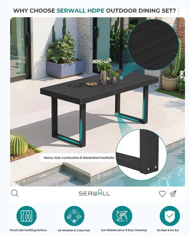 Alt view image 4 of 7 - HDPE Outdoor Dining Set for 6, 67'' All Weather Patio Dining Table and Armless Chairs Set for Deck, Lawn, Black