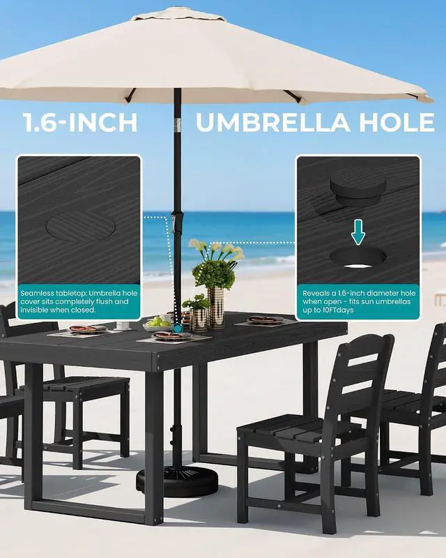 Alt view image 5 of 7 - HDPE Outdoor Dining Set for 6, 67'' All Weather Patio Dining Table and Armless Chairs Set for Deck, Lawn, Black