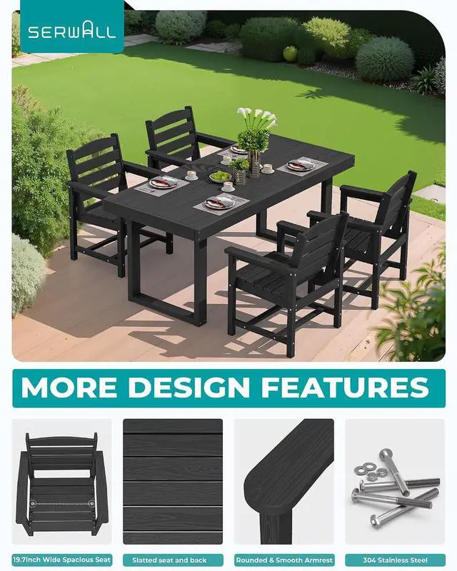 Alt view image 5 of 7 - HDPE Outdoor Dining Set for 4, 67'' All Weather Patio Dining Table and Chairs Set for Deck, Lawn, Black