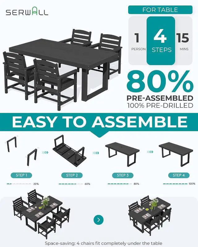 Alt view image 6 of 7 - HDPE Outdoor Dining Set for 4, 67'' All Weather Patio Dining Table and Chairs Set for Deck, Lawn, Black