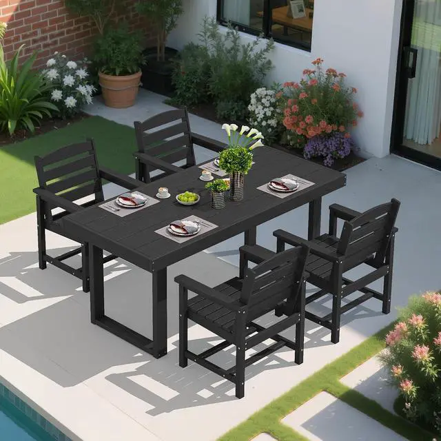 Alt view image 7 of 7 - HDPE Outdoor Dining Set for 4, 67'' All Weather Patio Dining Table and Chairs Set for Deck, Lawn, Black