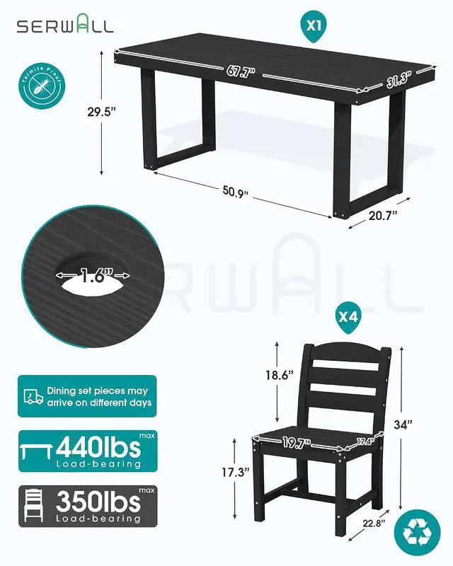 Alt view image 2 of 7 - HDPE Outdoor Dining Set for 4, 67'' All Weather Patio Dining Table and Armless Chairs Set for Deck, Lawn, Black