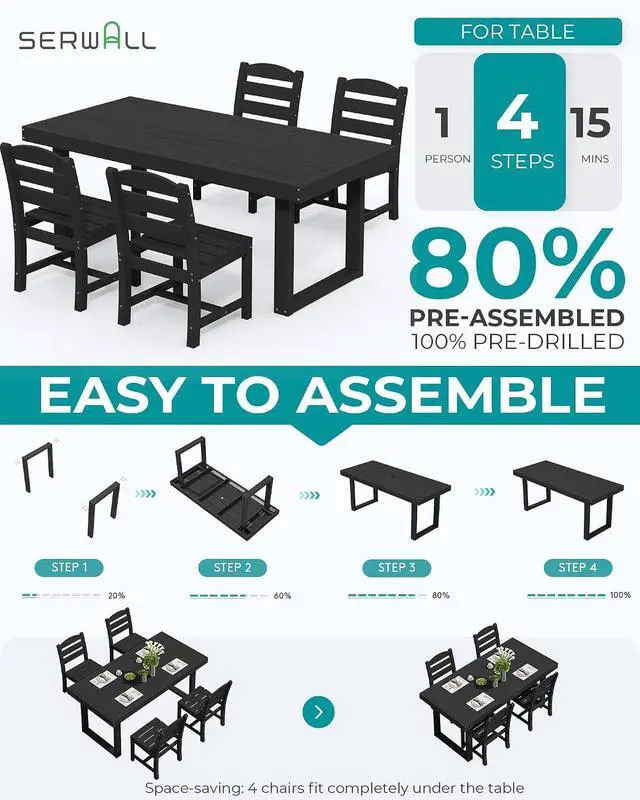 Alt view image 7 of 7 - HDPE Outdoor Dining Set for 4, 67'' All Weather Patio Dining Table and Armless Chairs Set for Deck, Lawn, Black
