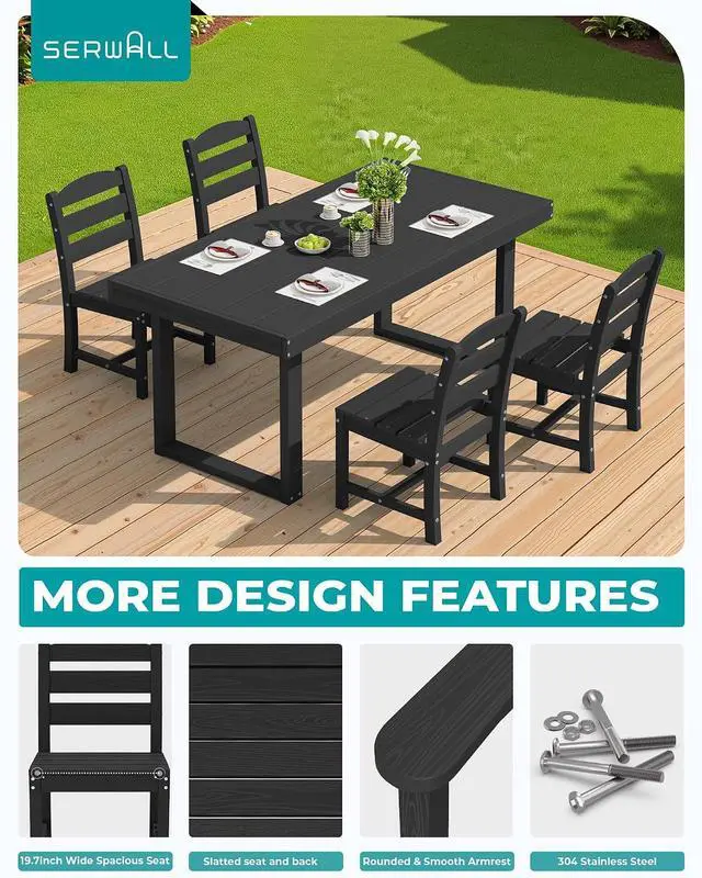 Alt view image 4 of 7 - HDPE Outdoor Dining Set for 4, 67'' All Weather Patio Dining Table and Armless Chairs Set for Deck, Lawn, Black