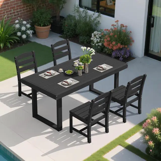 Alt view image 6 of 7 - HDPE Outdoor Dining Set for 4, 67'' All Weather Patio Dining Table and Armless Chairs Set for Deck, Lawn, Black