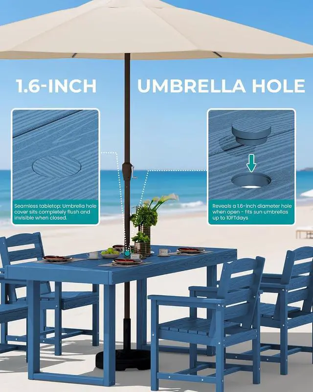 Alt view image 5 of 7 - HDPE Outdoor Dining Set for 6, 67'' All Weather Patio Dining Table and Chairs Set for Deck, Lawn, Blue