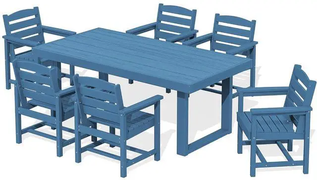 Main image of HDPE Outdoor Dining Set for 6, 67'' All Weather Patio Dining Table and Chairs Set for Deck, Lawn, Blue