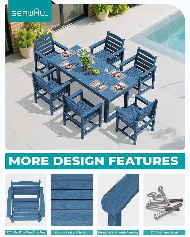 Alt view image 4 of 7 - HDPE Outdoor Dining Set for 6, 67'' All Weather Patio Dining Table and Chairs Set for Deck, Lawn, Blue