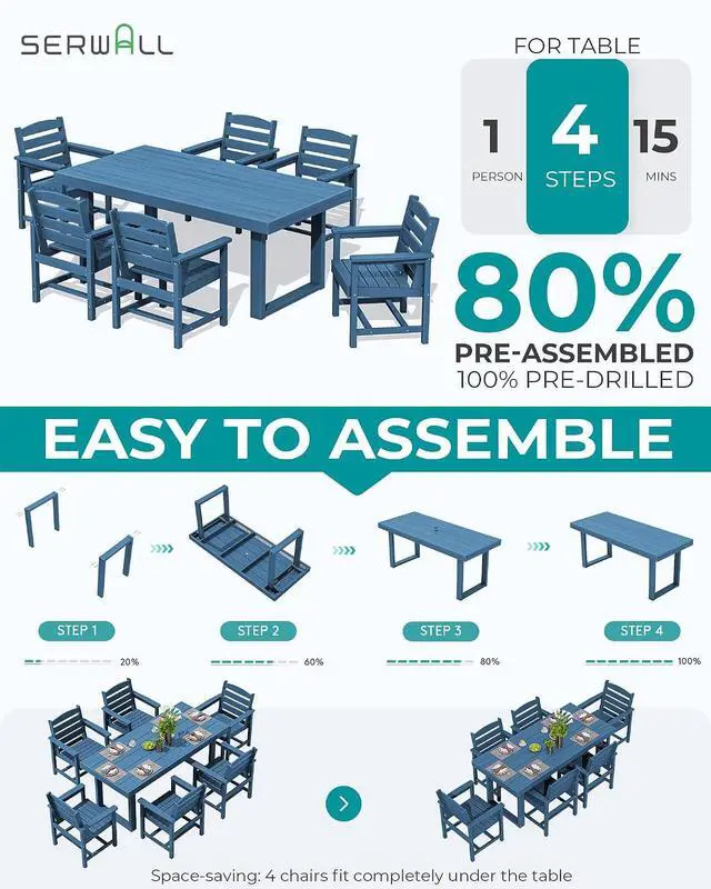 Alt view image 6 of 7 - HDPE Outdoor Dining Set for 6, 67'' All Weather Patio Dining Table and Chairs Set for Deck, Lawn, Blue