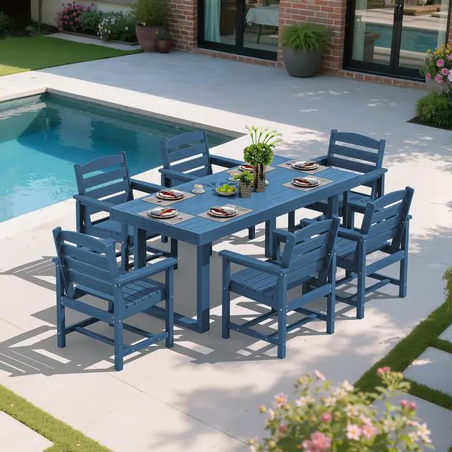 Alt view image 7 of 7 - HDPE Outdoor Dining Set for 6, 67'' All Weather Patio Dining Table and Chairs Set for Deck, Lawn, Blue