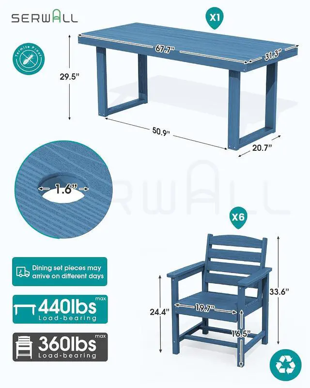 Alt view image 2 of 7 - HDPE Outdoor Dining Set for 6, 67'' All Weather Patio Dining Table and Chairs Set for Deck, Lawn, Blue