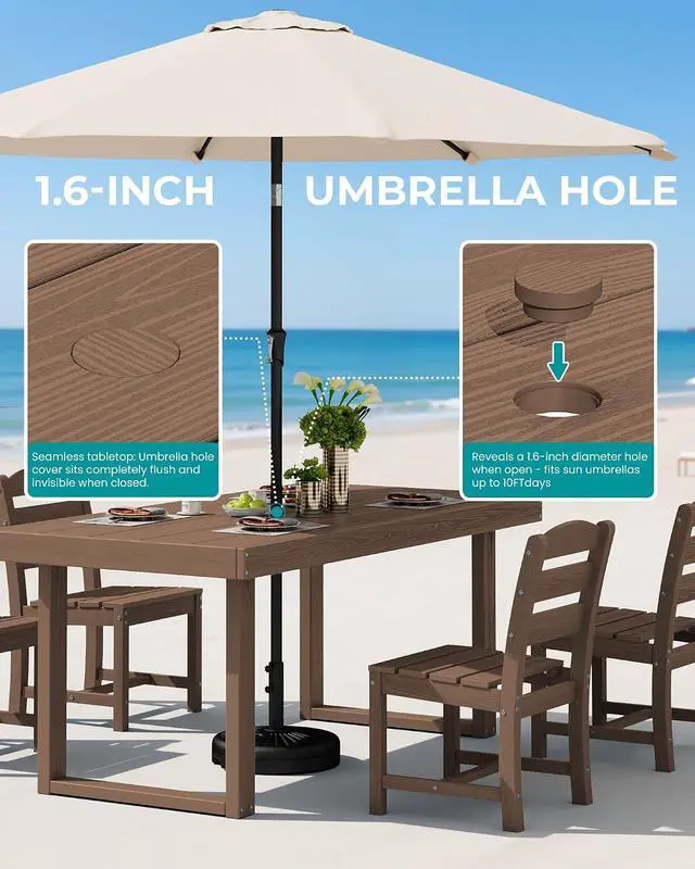 Alt view image 4 of 7 - HDPE Outdoor Dining Set for 4, 67'' All Weather Patio Dining Table and Armless Chairs Set for Deck, Lawn, Brown