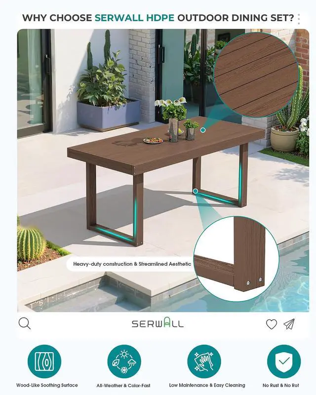 Alt view image 5 of 7 - HDPE Outdoor Dining Set for 4, 67'' All Weather Patio Dining Table and Armless Chairs Set for Deck, Lawn, Brown