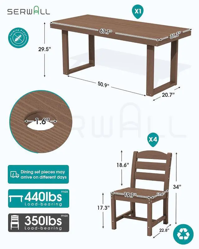 Alt view image 2 of 7 - HDPE Outdoor Dining Set for 4, 67'' All Weather Patio Dining Table and Armless Chairs Set for Deck, Lawn, Brown