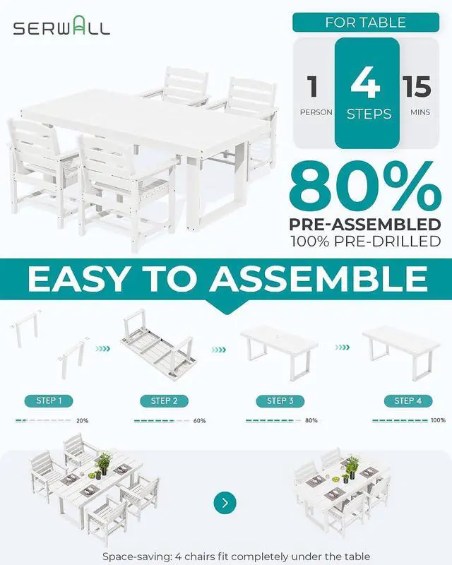 Alt view image 6 of 7 - HDPE Outdoor Dining Set for 4, 67'' All Weather Patio Dining Table and Chairs Set for Deck, Lawn, White