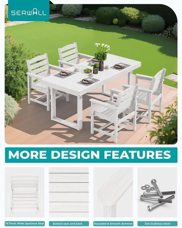 Alt view image 4 of 7 - HDPE Outdoor Dining Set for 4, 67'' All Weather Patio Dining Table and Chairs Set for Deck, Lawn, White
