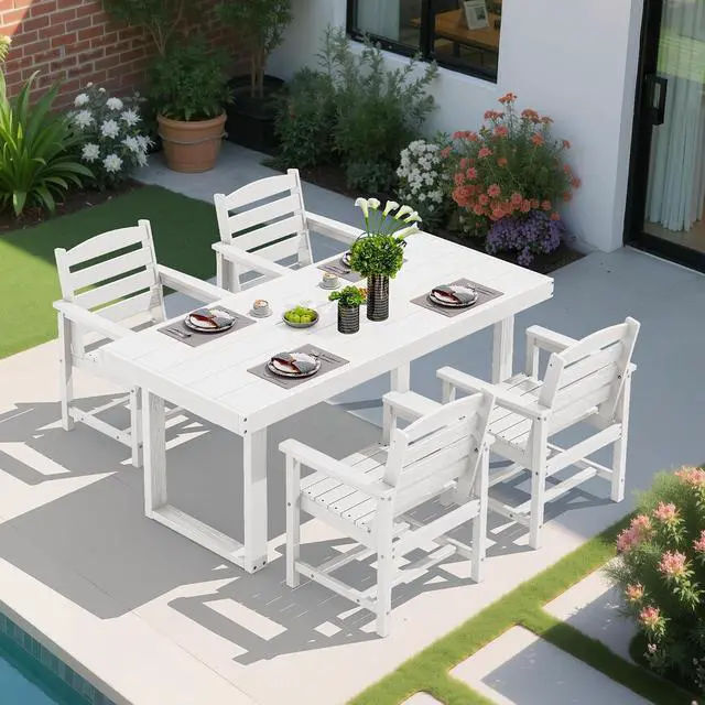 Alt view image 7 of 7 - HDPE Outdoor Dining Set for 4, 67'' All Weather Patio Dining Table and Chairs Set for Deck, Lawn, White