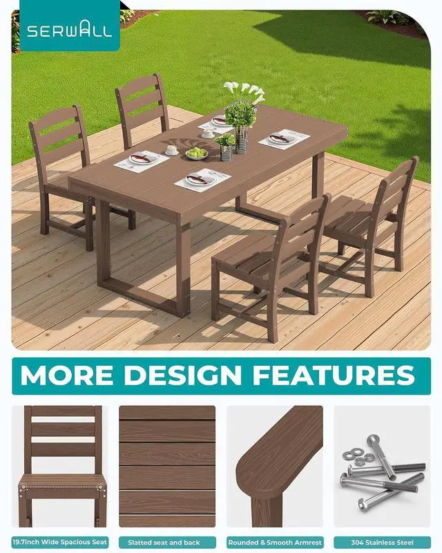 Alt view image 3 of 7 - HDPE Outdoor Dining Set for 4, 67'' All Weather Patio Dining Table and Armless Chairs Set for Deck, Lawn, Brown