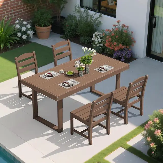 Alt view image 6 of 7 - HDPE Outdoor Dining Set for 4, 67'' All Weather Patio Dining Table and Armless Chairs Set for Deck, Lawn, Brown