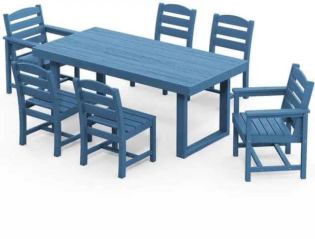 Main image of HDPE Outdoor Dining Set for 6, 67'' All Weather Patio Dining Table and Armless Chairs Set for Deck, Lawn, Blue