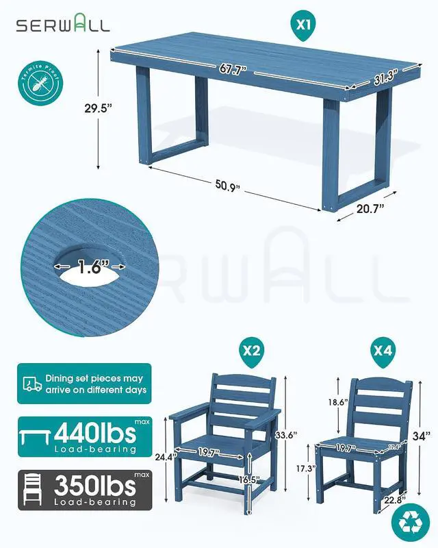 Alt view image 2 of 7 - HDPE Outdoor Dining Set for 6, 67'' All Weather Patio Dining Table and Armless Chairs Set for Deck, Lawn, Blue