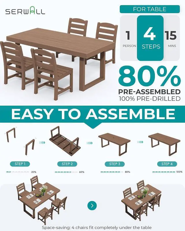 Alt view image 7 of 7 - HDPE Outdoor Dining Set for 4, 67'' All Weather Patio Dining Table and Armless Chairs Set for Deck, Lawn, Brown