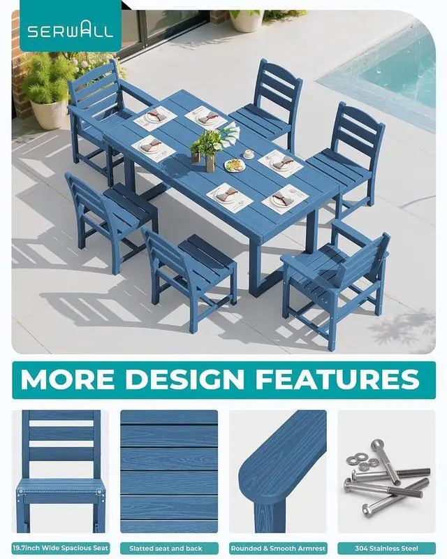 Alt view image 4 of 7 - HDPE Outdoor Dining Set for 6, 67'' All Weather Patio Dining Table and Armless Chairs Set for Deck, Lawn, Blue