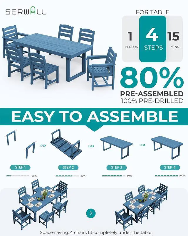 Alt view image 7 of 7 - HDPE Outdoor Dining Set for 6, 67'' All Weather Patio Dining Table and Armless Chairs Set for Deck, Lawn, Blue