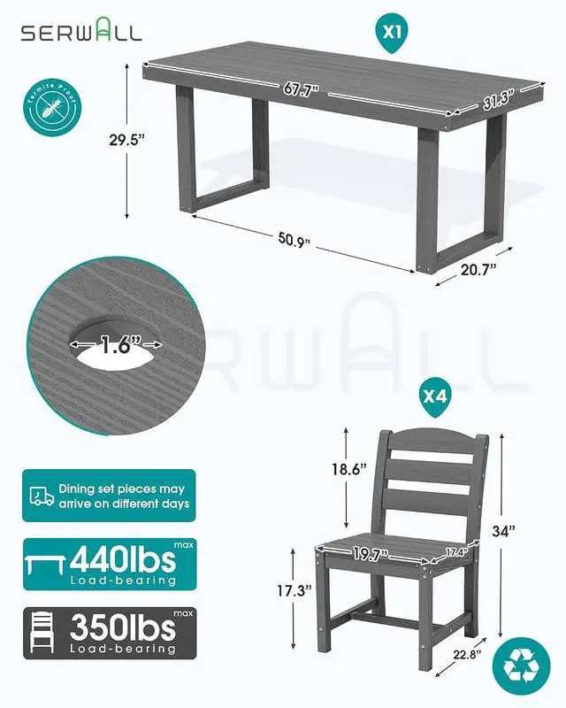 Alt view image 2 of 7 - HDPE Outdoor Dining Set for 4, 67'' All Weather Patio Dining Table and Armless Chairs Set for Deck, Lawn, Gray