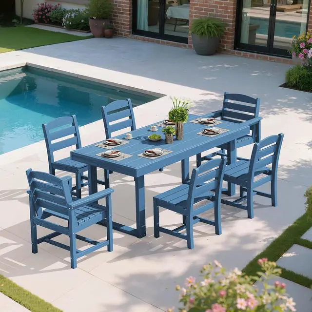Alt view image 6 of 7 - HDPE Outdoor Dining Set for 6, 67'' All Weather Patio Dining Table and Armless Chairs Set for Deck, Lawn, Blue