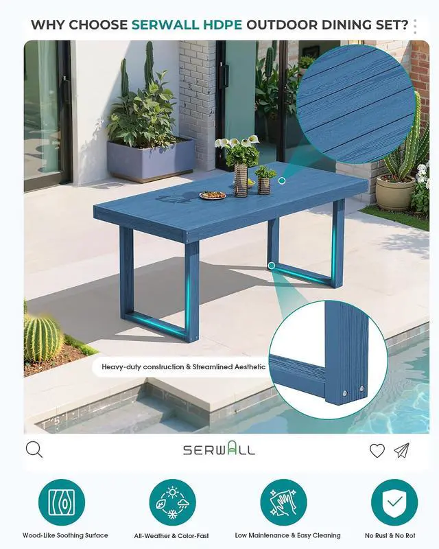 Alt view image 3 of 7 - HDPE Outdoor Dining Set for 6, 67'' All Weather Patio Dining Table and Armless Chairs Set for Deck, Lawn, Blue
