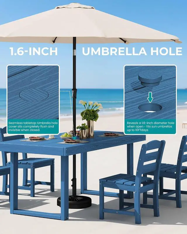 Alt view image 5 of 7 - HDPE Outdoor Dining Set for 6, 67'' All Weather Patio Dining Table and Armless Chairs Set for Deck, Lawn, Blue