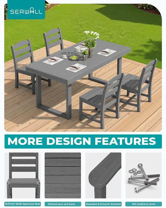 Alt view image 3 of 7 - HDPE Outdoor Dining Set for 4, 67'' All Weather Patio Dining Table and Armless Chairs Set for Deck, Lawn, Gray