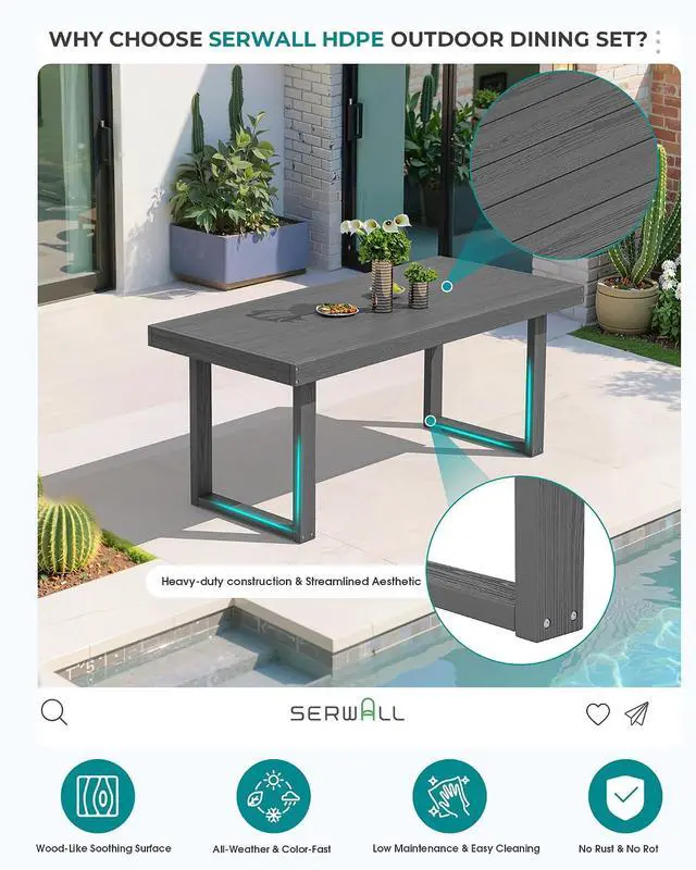 Alt view image 4 of 7 - HDPE Outdoor Dining Set for 4, 67'' All Weather Patio Dining Table and Armless Chairs Set for Deck, Lawn, Gray