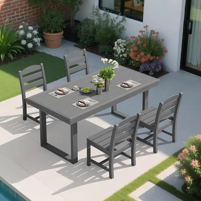 Alt view image 6 of 7 - HDPE Outdoor Dining Set for 4, 67'' All Weather Patio Dining Table and Armless Chairs Set for Deck, Lawn, Gray