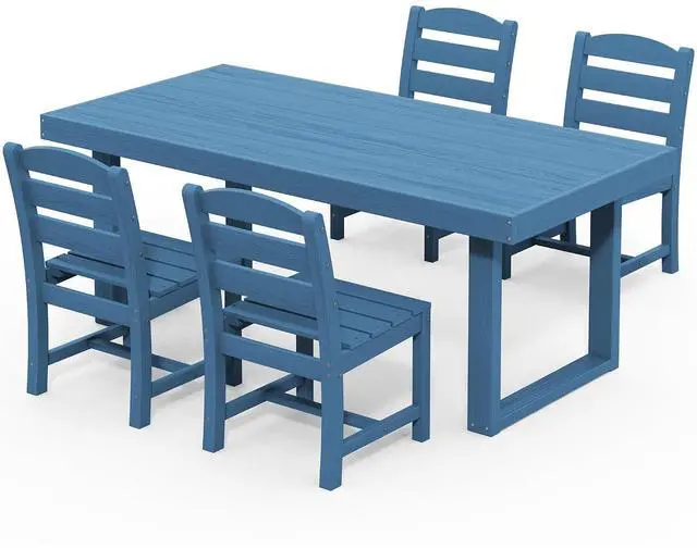 Main image of HDPE Outdoor Dining Set for 4, 67'' All Weather Patio Dining Table and Armless Chairs Set for Deck, Lawn, Blue