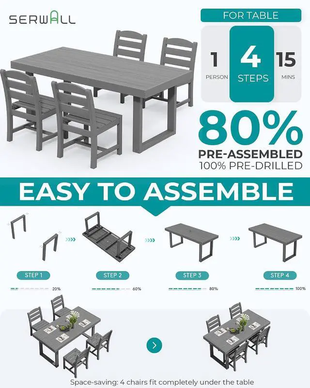 Alt view image 7 of 7 - HDPE Outdoor Dining Set for 4, 67'' All Weather Patio Dining Table and Armless Chairs Set for Deck, Lawn, Gray